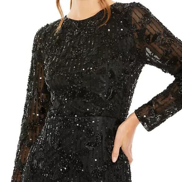 Mac Duggal Black Sequin Beaded Long Sleeve Cocktail Midi Dress - Picture 3 of 3
